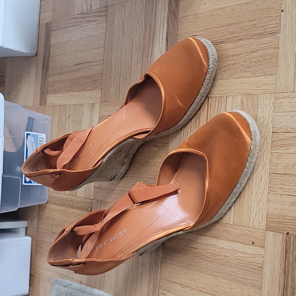 Orange satin wedge heels